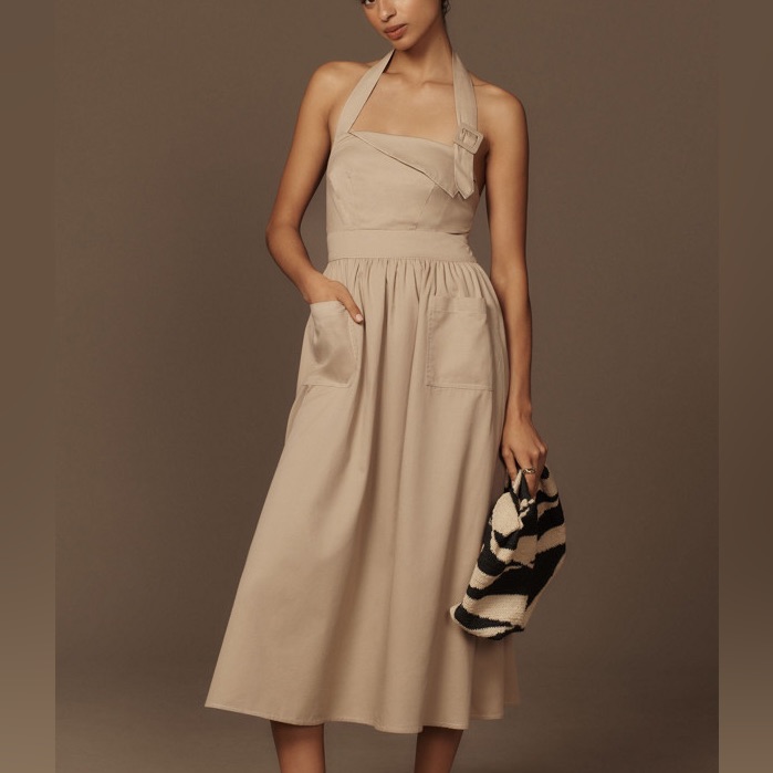 Nwt Anthropologie Porridge Clothing Halter Utility Midi Dress Women Small Taupe